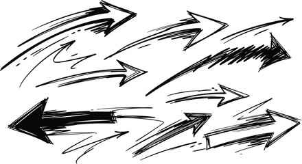 Hand drawn sketchy arrows set pointing in various directions with dynamic lines