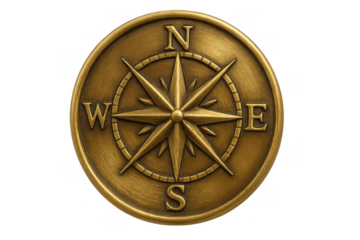 Vintage bronze compass rose guiding future direction, showing navigation and travel concept with transparent background