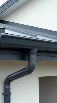 Contemporary grey plastic gutter system installed on a pristine white house exterior. Up close look at the rainwater downspout and roof intersection