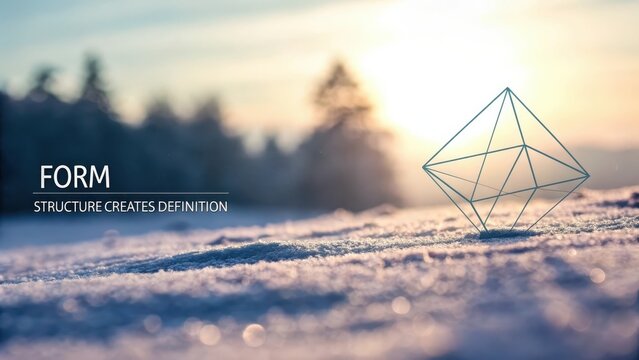 Geometric Glass Structure Rests on Snowy Ground During Sunrise With Softly Blurred Winter Landscape
