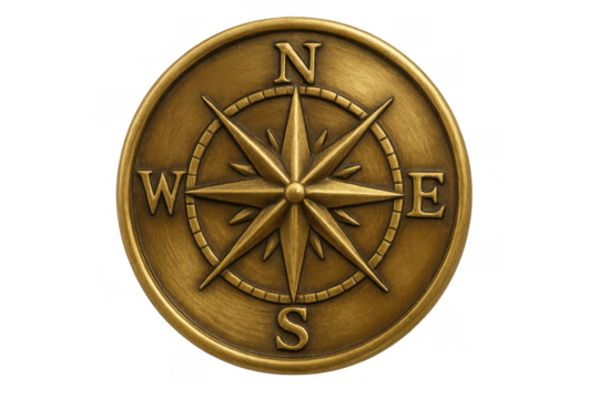 Vintage bronze compass rose guiding future direction, showing navigation and travel concept with transparent background
