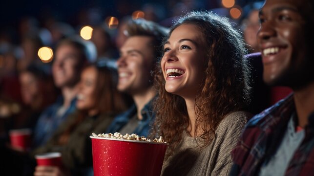 Group of smiling audience members enjoying a movie with popcorn and drinks