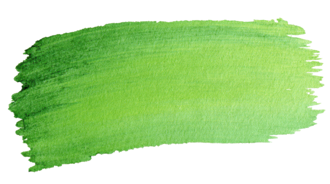 Green watercolor paint stroke leaving a brush texture on a transparent background, offering an abstract gradient design element and vibrant artistic backdrop