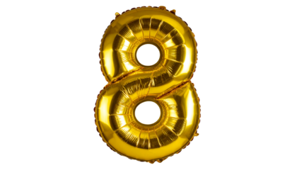 A golden number 8 balloon isolated on a white background, perfect for parties, anniversaries, and celebration designs.