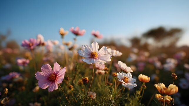 Field of pink and white cosmos flowers blooming under a soft golden hour sky - Powered by Adobe