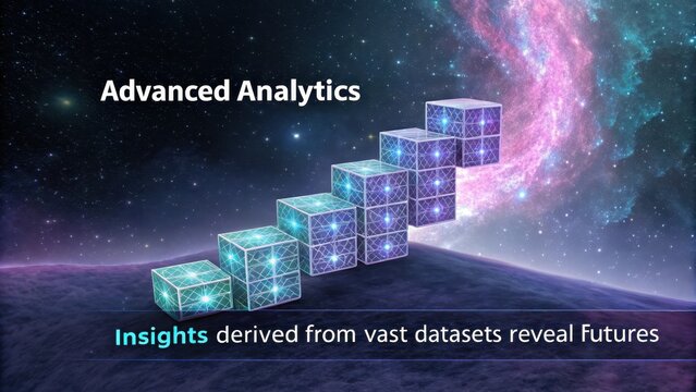 Iridescent Floating Data Cubes Form an Ascending Staircase Against a Cosmic Galaxy Background for Advanced Analytics