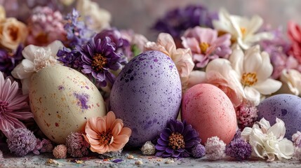 Easter eggs and spring flowers create a pastel floral display of celebration and new beginnings