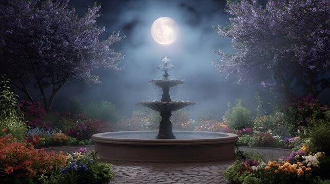 A serene garden with blooming trees colorful flowers and a tiered water fountain under the moonlight - Powered by Adobe