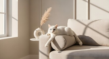White Cat on Minimalist Sofa