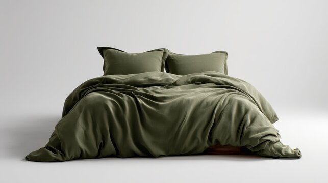 Cozy bed featuring olive green linen bedding with two comfortable pillows, creating a relaxed and inviting atmosphere for sleep and modern home decor