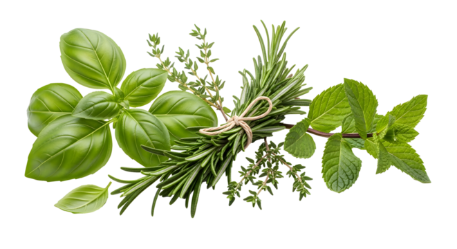 Fresh herbs basil, rosemary, thyme, and mint isolated on transparent background , ai generated image