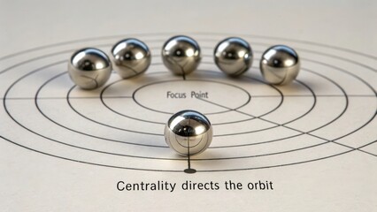Seven polished metallic spheres arranged in concentric circles, highlighting centrality directing the orbit with a clear focus point