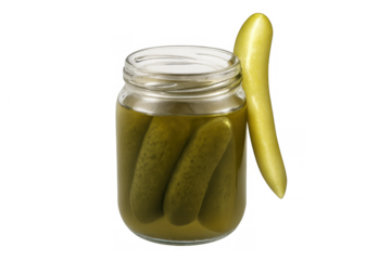 Jar of crunchy pickled gherkins in brine with one ready-to-eat cucumber pickle, homemade preserved snack, fresh and tangy