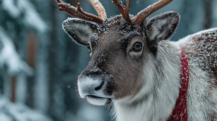 Close up winter reindeer portrait with snow in forest christmas animal