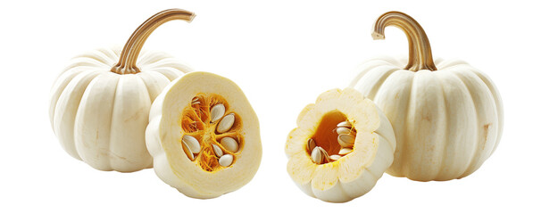 White baby boo pumpkin with cut slice isolated on a white transparent background. Simplicity and natural beauty of the squash.