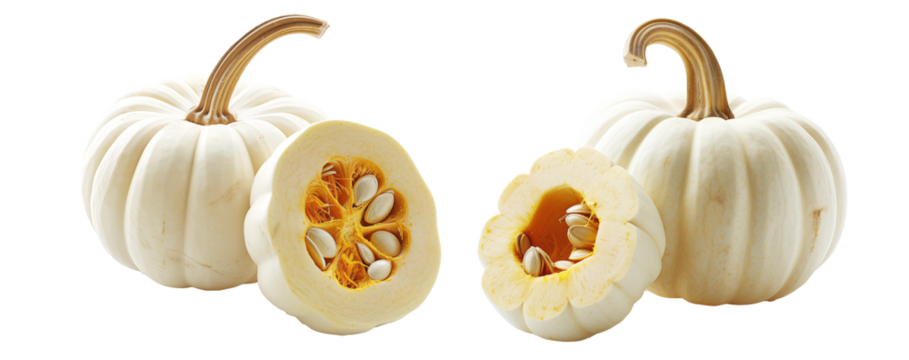 White baby boo pumpkin with cut slice isolated on a white transparent background. Simplicity and natural beauty of the squash.