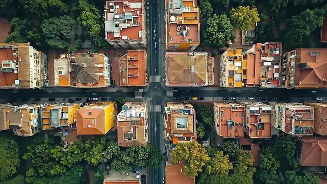 top down footage of symmetrical town buildings in barcelona spain video