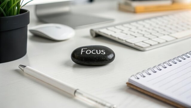 Smooth black stone with the word Focus resting on a calm, minimalist desk with office supplies