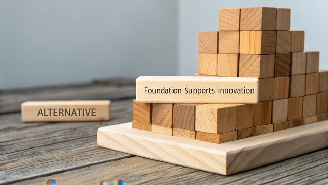 Wooden blocks form a structured foundation supporting innovation and growth, representing business strategy and success.