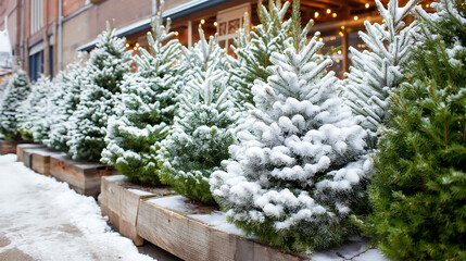 Snowy christmas trees for sale outdoor holiday market winter season