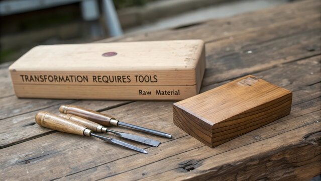 Woodworking chisels and a raw material block rest on a weathered wooden table - Powered by Adobe