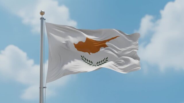 Flag of cyprus waving in wind against partly cloudy blue sky background