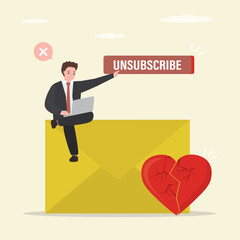 Businessman user working with laptop and push unsubscribe button. Unsubscribe email exit from mailing list, cancel subscription button, remove or leaving marketing email