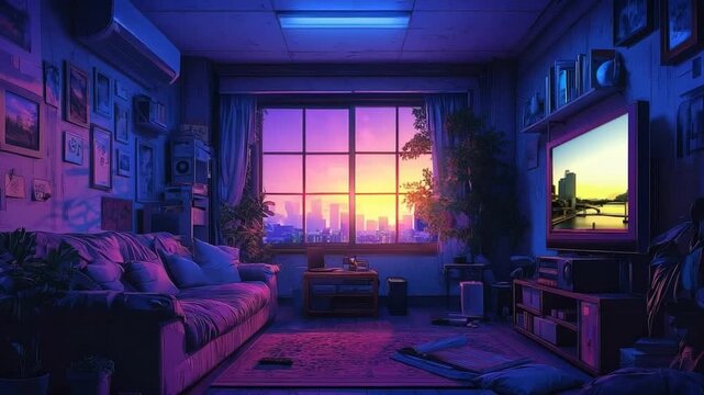 vibrant living room at sunset for stream, vtuber video