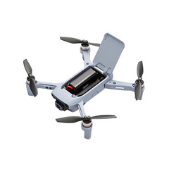 Compact Grey Drone with Open Battery Compartment and Visible Battery Pack on Black Background Ready for Aerial Photography or Videography Innovation in UAV Technology