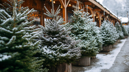 Snow covered christmas trees winter holiday season festive outdoor xmas