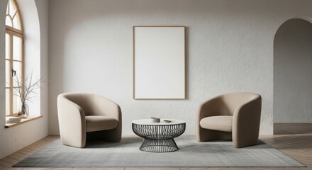 Modern living room mockup with two armchairs and blank frame above table