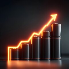 A 3D render depicting battery packs arranged as a rising bar graph illuminated by a glowing orange arrow symbolizing growth and progress