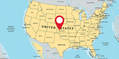 Fototapeta premium United States map with a red location pin marking a central point america