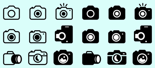Clean camera symbol set featuring multiple photography styles, shutter shapes, flash elements, capture icons and lens forms, ideal for digital media, camera, photo, lens, flash, vector, icons.