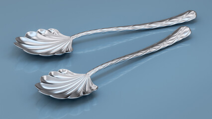 Silver stainless steel shell shaped dessert spoons. 3d illustration on light blue background