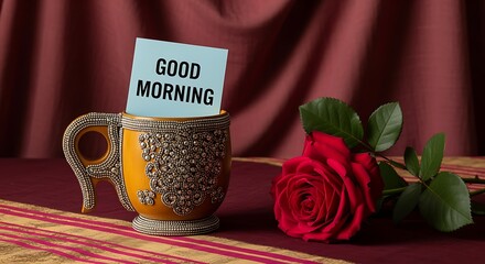 A lovely morning greeting concept with a bright red rose, a decorative mug, and a simple note wishing a good start to the day