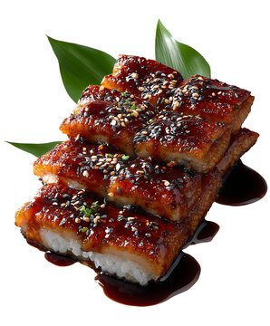 Korean grilled eel slices with a rich, glossy soy glaze and shimmery texture, garnished with sesame seeds, isolated transparent background.