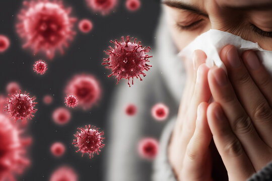 Sick person blowing nose with tissue, red virus particles float in air, illness infection and respiratory disease symptoms during flu season pandemic.