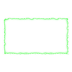 An abstract rectangular frame featuring a vibrant, glowing green electric energy border with a jagged edge, isolated with copy space on a white background