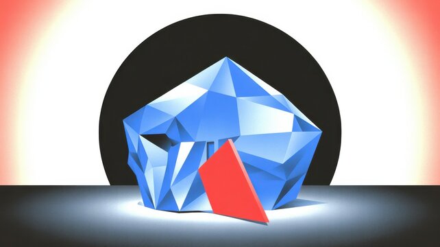 Stunning blue geometric sculpture with red accent, modern abstract design for creative projects, vibrant and dynamic for impactful visuals, artful composition