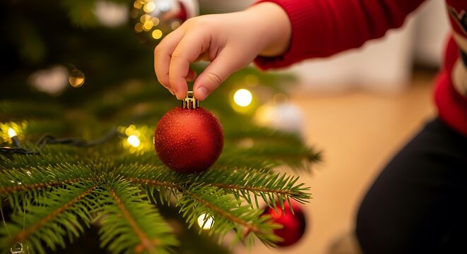 Child s hand decorating a christmas tree with a red ornament and twinkling lights