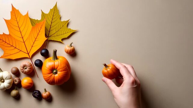 Colorful autumn leaves and pumpkins are arranged on a table, showcasing the beauty of the season and inspiring festive vibes