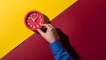 Time Management Red Clock on Split Yellow and Maroon Background for Productivity