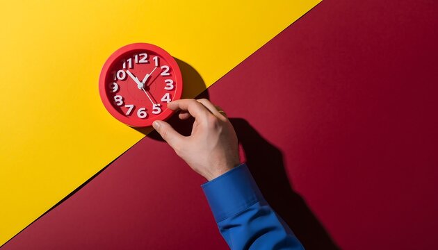 Time Management Red Clock on Split Yellow and Maroon Background for Productivity