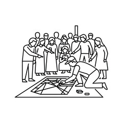 People observing a designer or architect working on a complex floor plan, illustrating teamwork and project development