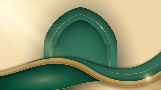 Green and gold Islamic background with mosque arch and waving shapes in abstract style