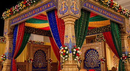 Naklejka premium Stunningly decorated wedding mandap with vibrant fabrics and floral accents for unforgettable celebrations and cultural traditions