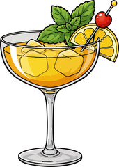 Vector Illustration of Yellow Cocktail in Coupe Glass with Mint, Orange Slice, Cherry, and Ice Cubes – Fresh Summer Drink Art