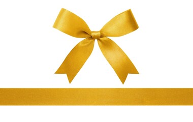 Golden ribbon with a shiny decorative bow on a white background.