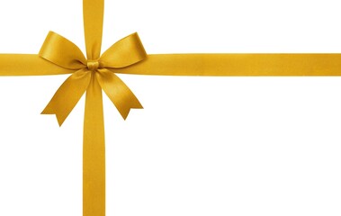 Golden ribbon with a shiny decorative bow on a white background.